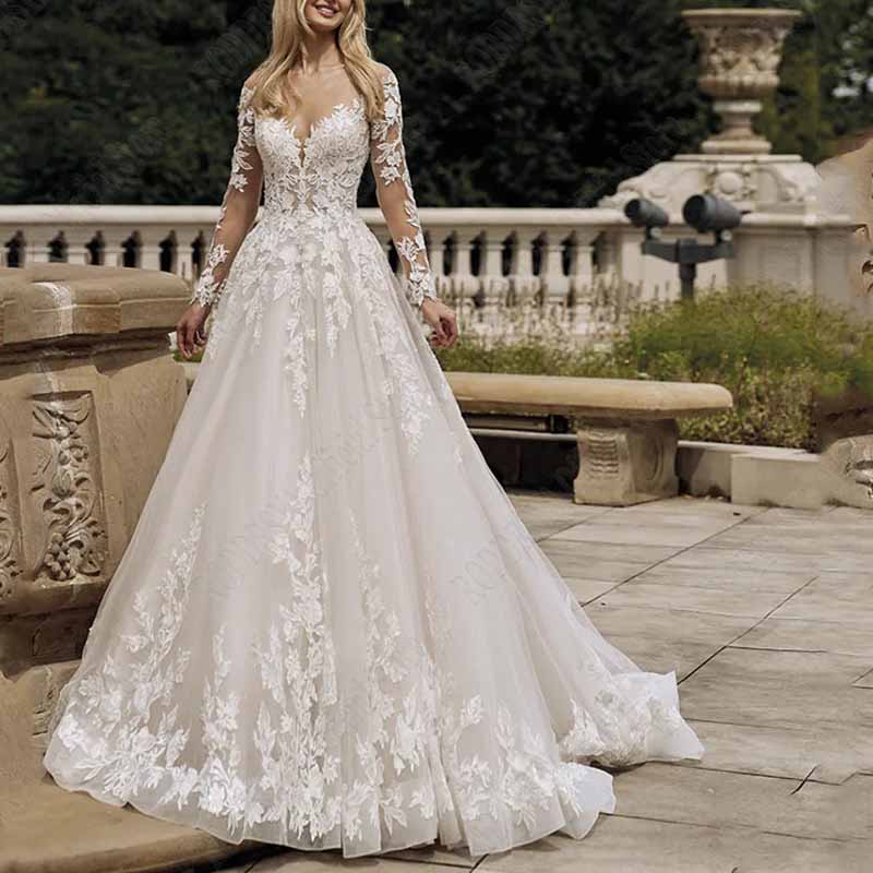 Long V Neck Tulle Applique Lace A Line Wedding Dresses With Sleeves
