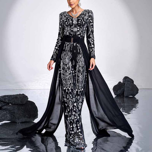 Long Sleeve Black V-Neck Sequin One Piece Suit Glitter Jumpsuit With Ribbons