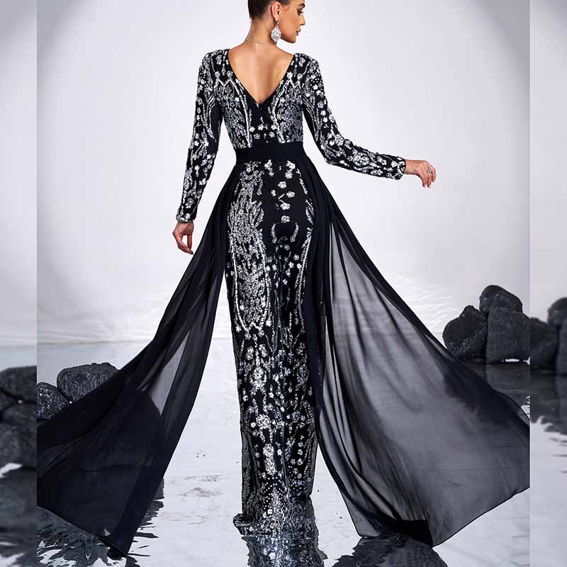 Long Sleeve Black V-Neck Sequin One Piece Suit Glitter Jumpsuit With Ribbons