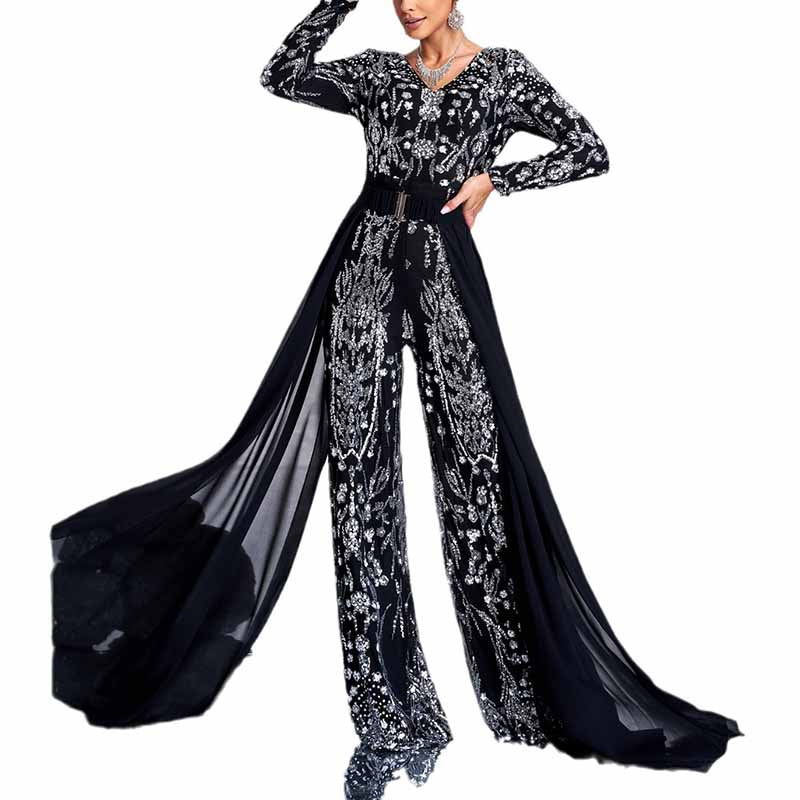 Long Sleeve Black V-Neck Sequin One Piece Suit Glitter Jumpsuit With Ribbons