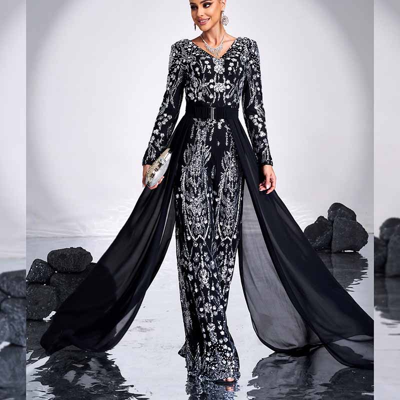 Long Sleeve Black V-Neck Sequin One Piece Suit Glitter Jumpsuit With Ribbons