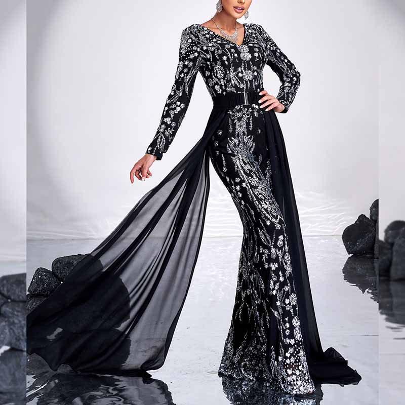 Long Sleeve Black V-Neck Sequin One Piece Suit Glitter Jumpsuit With R  SD  Dresscode & Fashiontrends