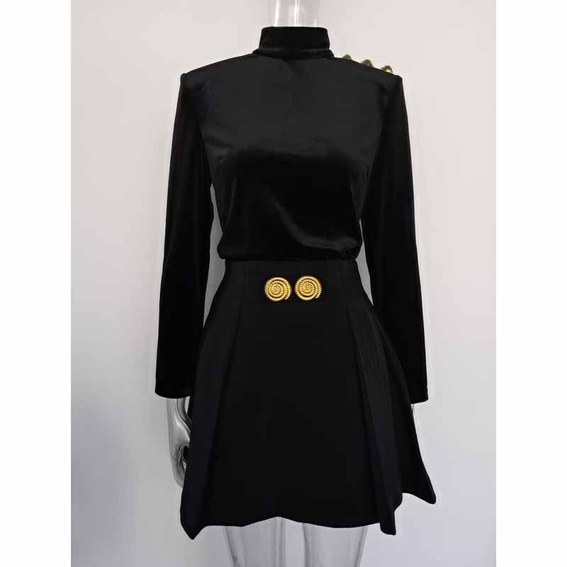 Long Sleeve Black Velvet Top Mini Skirt Suit