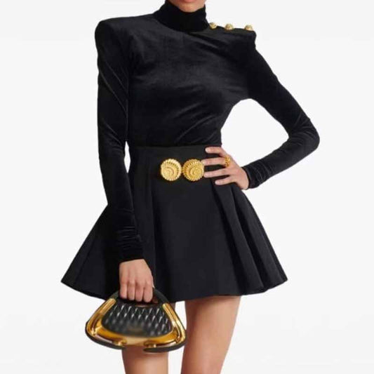 Long Sleeve Black Velvet Top Mini Skirt Suit