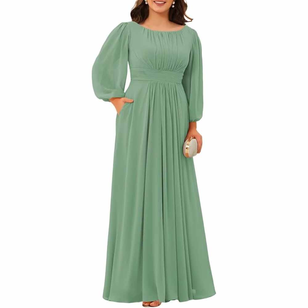 Long Sleeve Bridesmaid Dresses Chiffon Wedding Guest Dress Long Evening Gowns