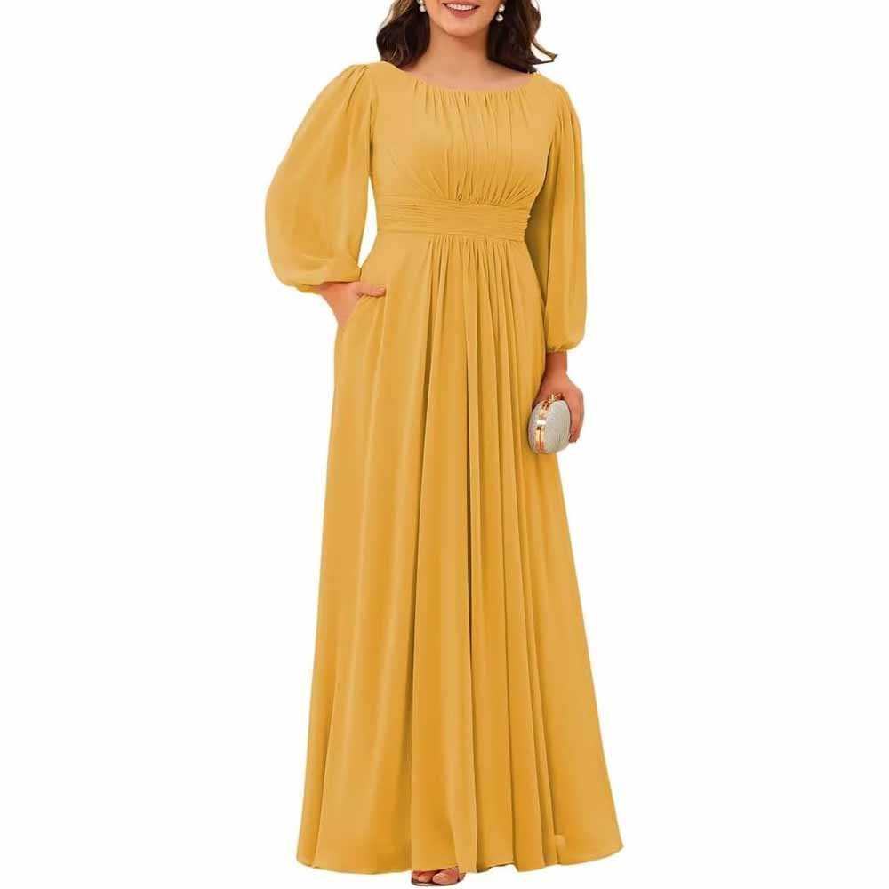 Long Sleeve Bridesmaid Dresses Chiffon Wedding Guest Dress Long Evening Gowns