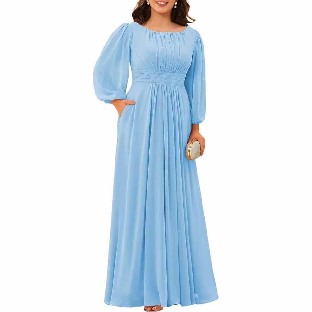 Long Sleeve Bridesmaid Dresses Chiffon Wedding Guest Dress Long Evening Gowns