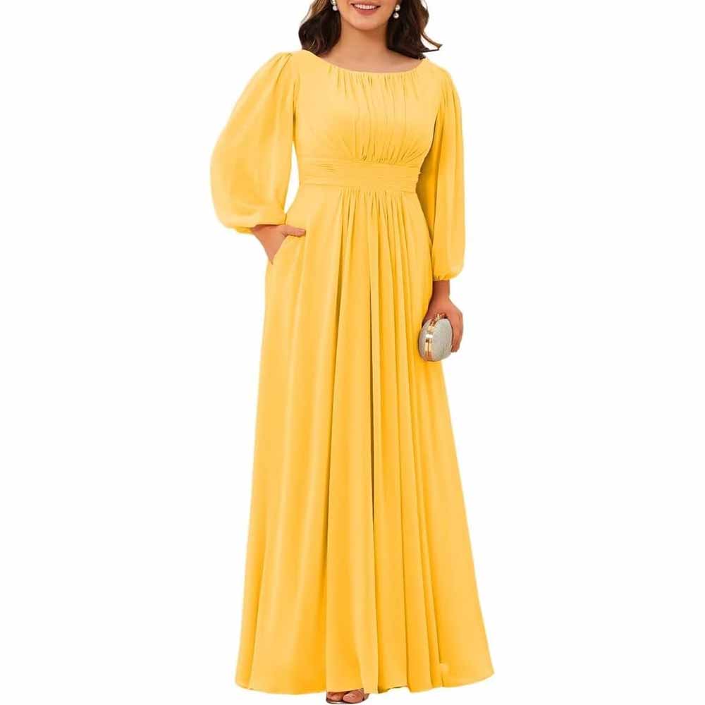 Long Sleeve Bridesmaid Dresses Chiffon Wedding Guest Dress Long Evening Gowns