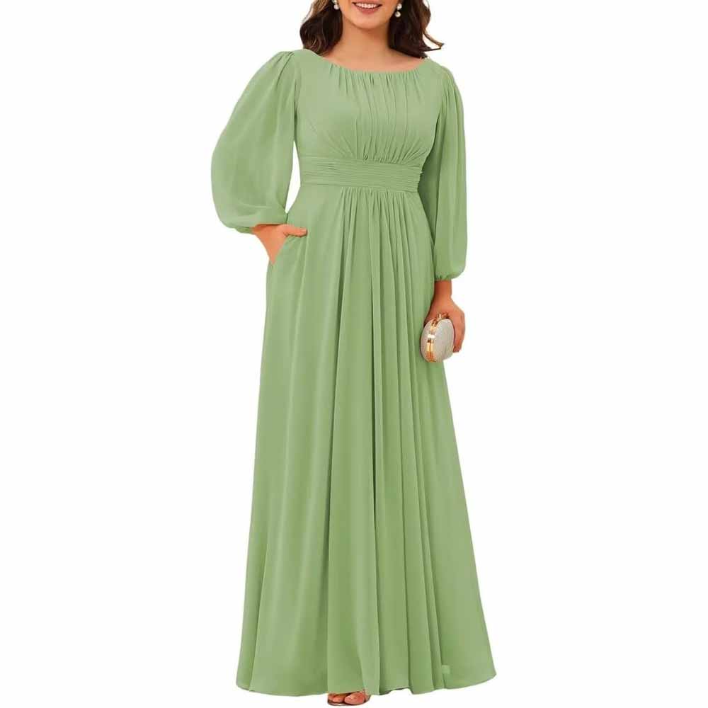 Long Sleeve Bridesmaid Dresses Chiffon Wedding Guest Dress Long Evening Gowns