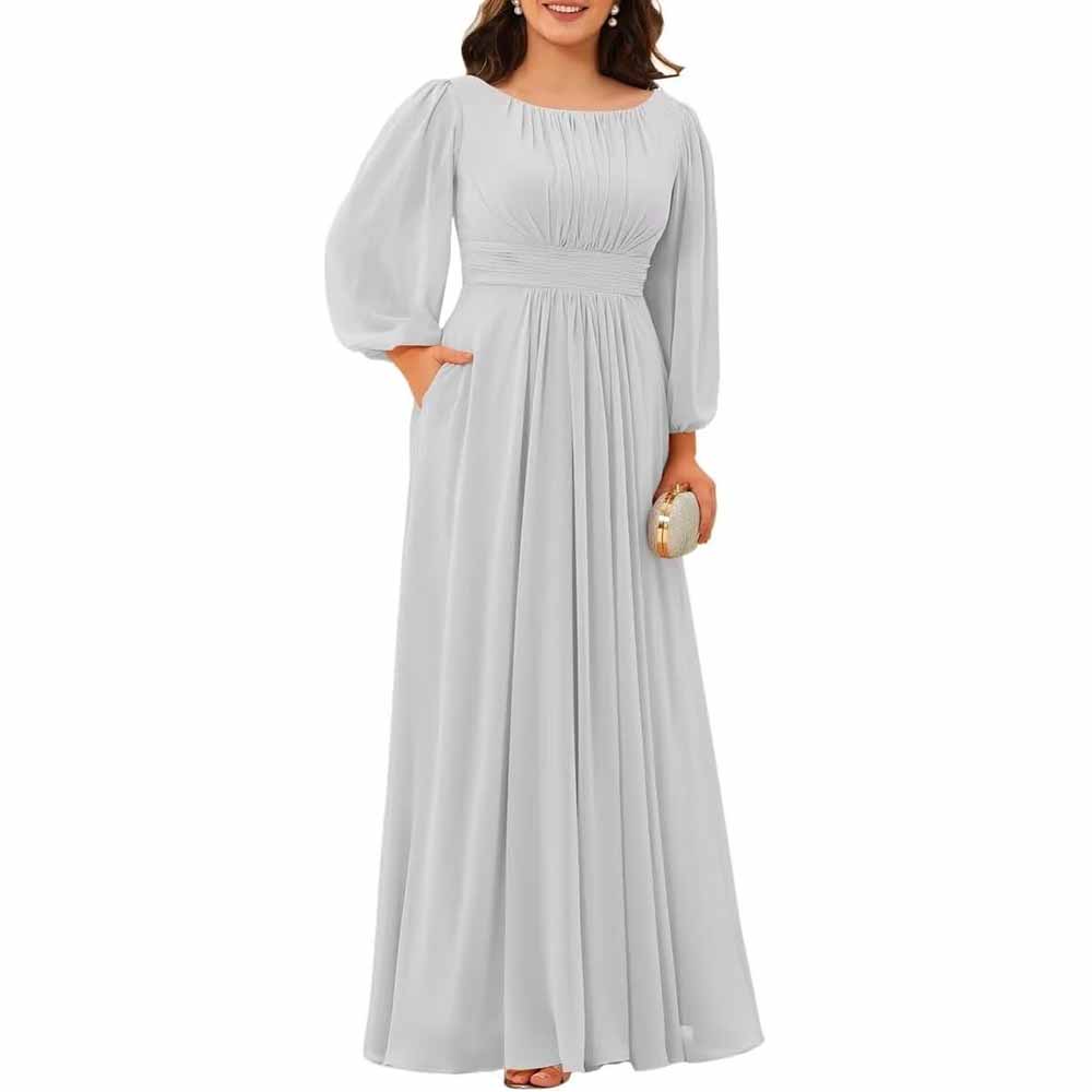 Long Sleeve Bridesmaid Dresses Chiffon Wedding Guest Dress Long Evening Gowns