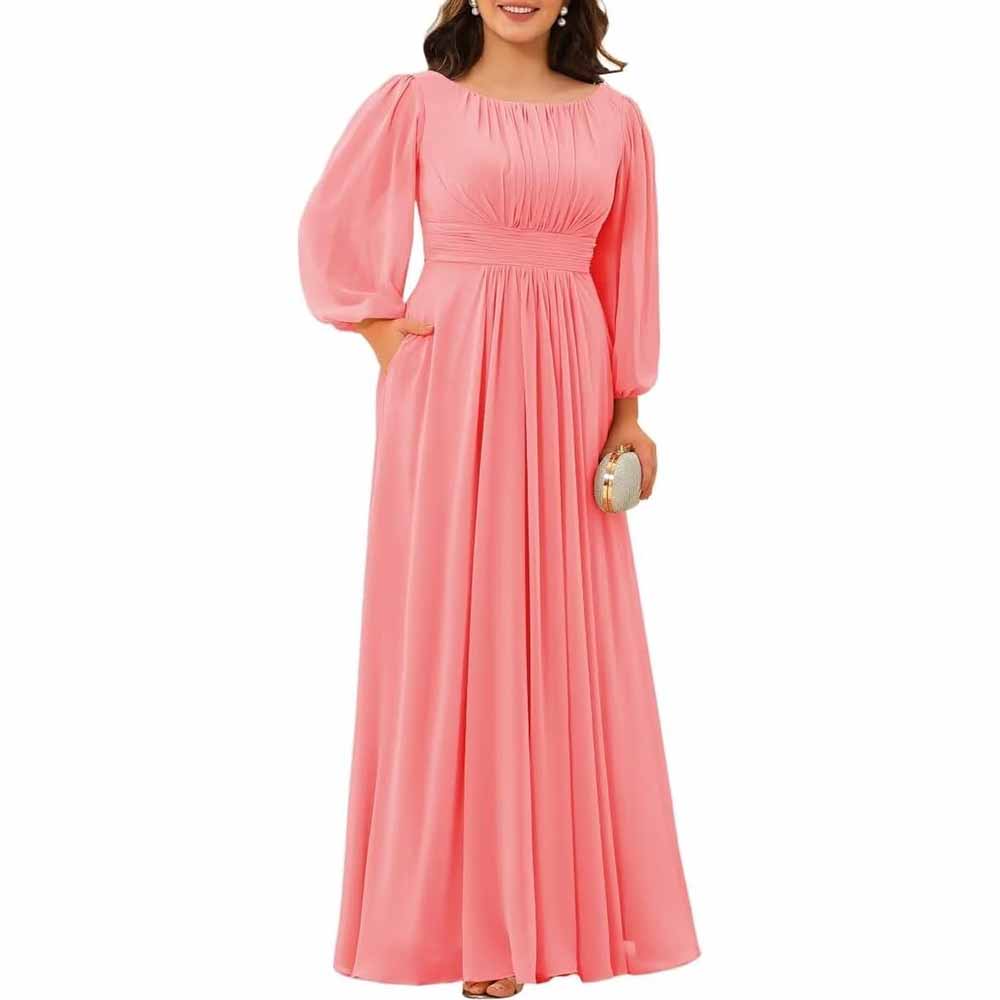 Long Sleeve Bridesmaid Dresses Chiffon Wedding Guest Dress Long Evening Gowns