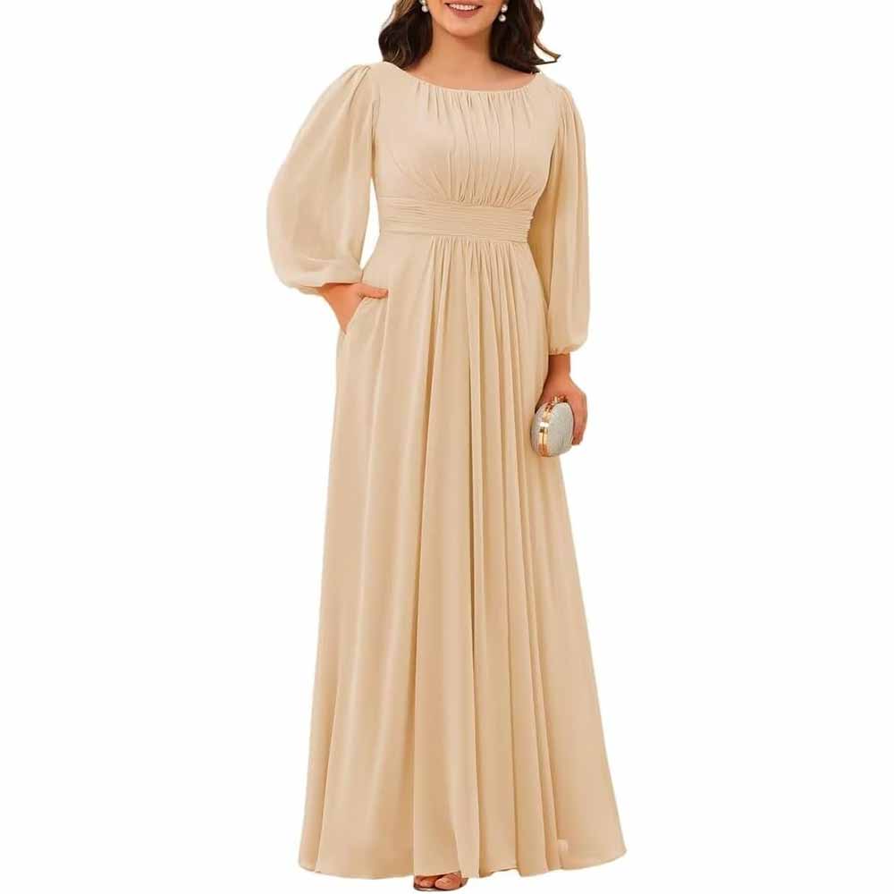 Long Sleeve Bridesmaid Dresses Chiffon Wedding Guest Dress Long Evening Gowns