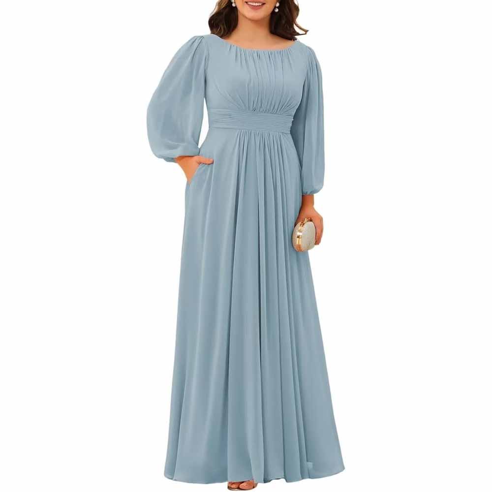 Long Sleeve Bridesmaid Dresses Chiffon Wedding Guest Dress Long Evening Gowns