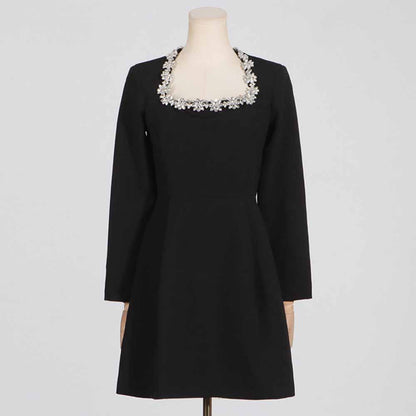 Long Sleeve Crystal Embellished Velvet Mini Dress