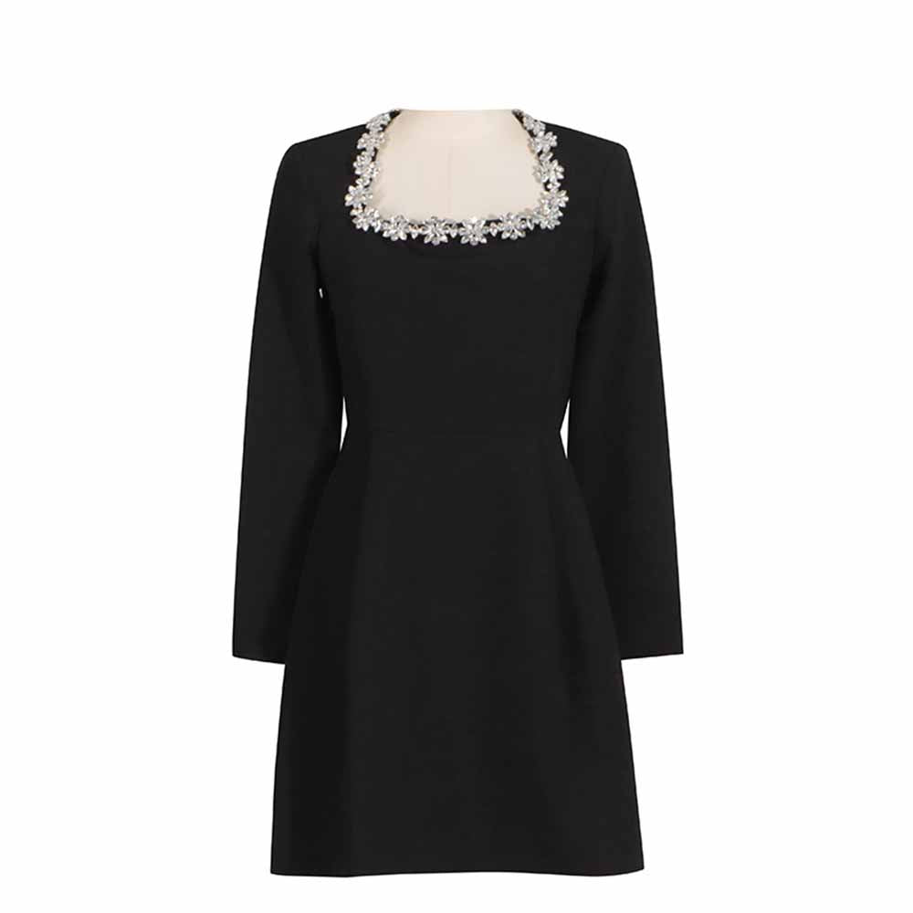 Long Sleeve Crystal Embellished Velvet Mini Dress