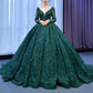 Long Sleeve Emerald Green Bridal Gowns with Train Long Sequin Wedding Ball Gowns