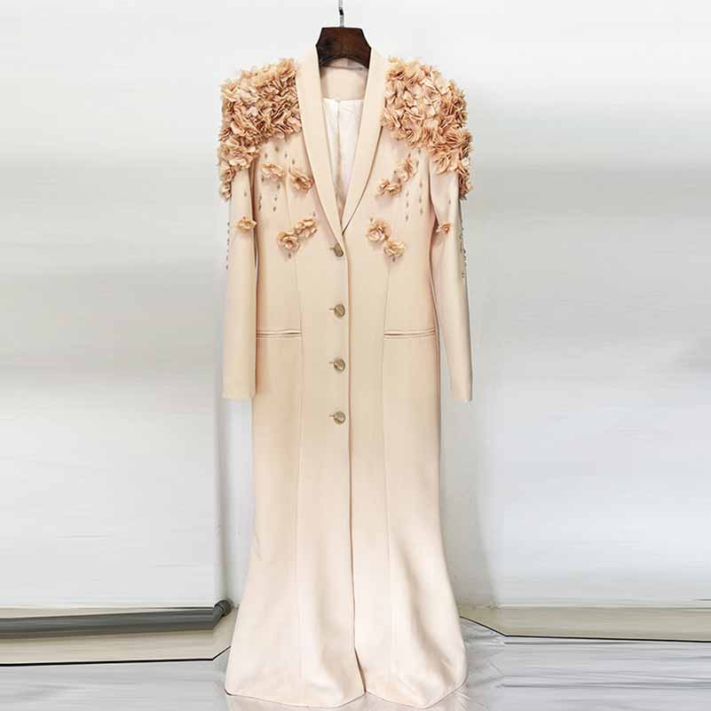 Long Sleeve Floral Crystal Maxi Coat Dress A Line Event Dress