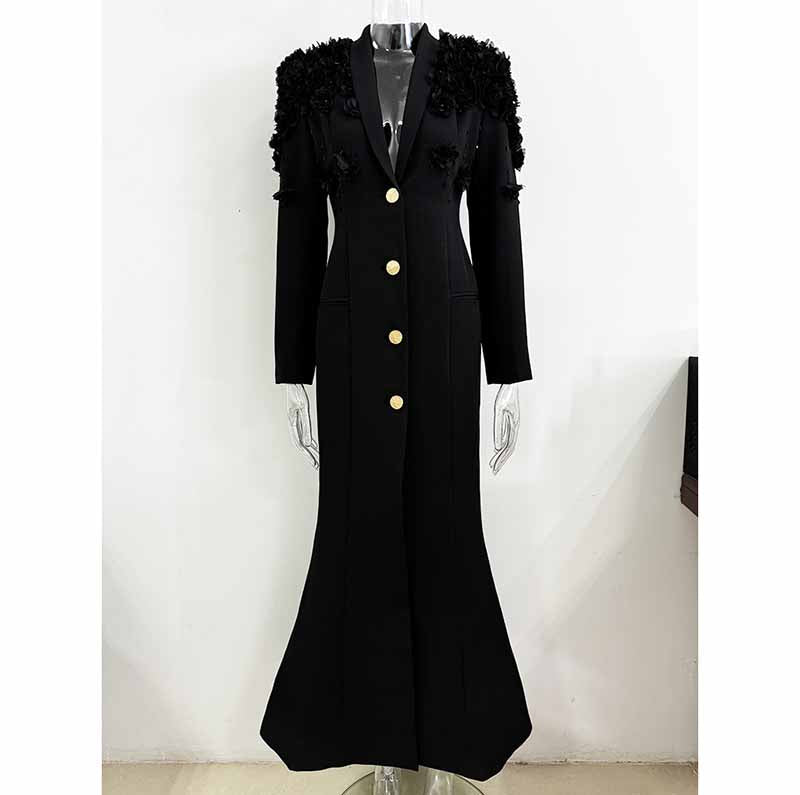 Long Sleeve Floral Crystal Maxi Coat Dress A Line Event Dress