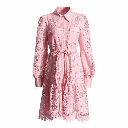 Long Sleeve Hollow Out Lace Knee Length Dress Lace Up Collared Dress