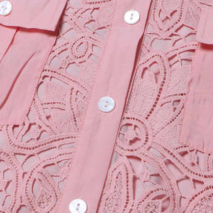 Long Sleeve Hollow Out Lace Knee Length Dress Lace Up Collared Dress