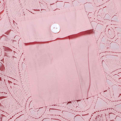 Long Sleeve Hollow Out Lace Knee Length Dress Lace Up Collared Dress