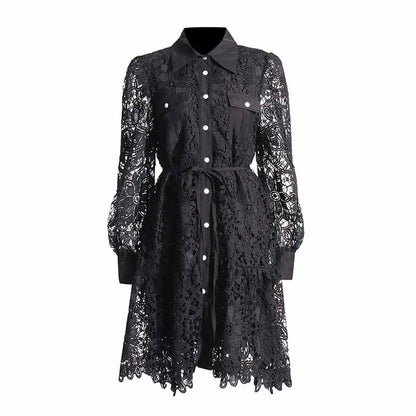 Long Sleeve Hollow Out Lace Knee Length Dress Lace Up Collared Dress