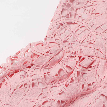 Long Sleeve Hollow Out Lace Knee Length Dress Lace Up Collared Dress