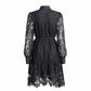 Long Sleeve Hollow Out Lace Knee Length Dress Lace Up Callared Dress