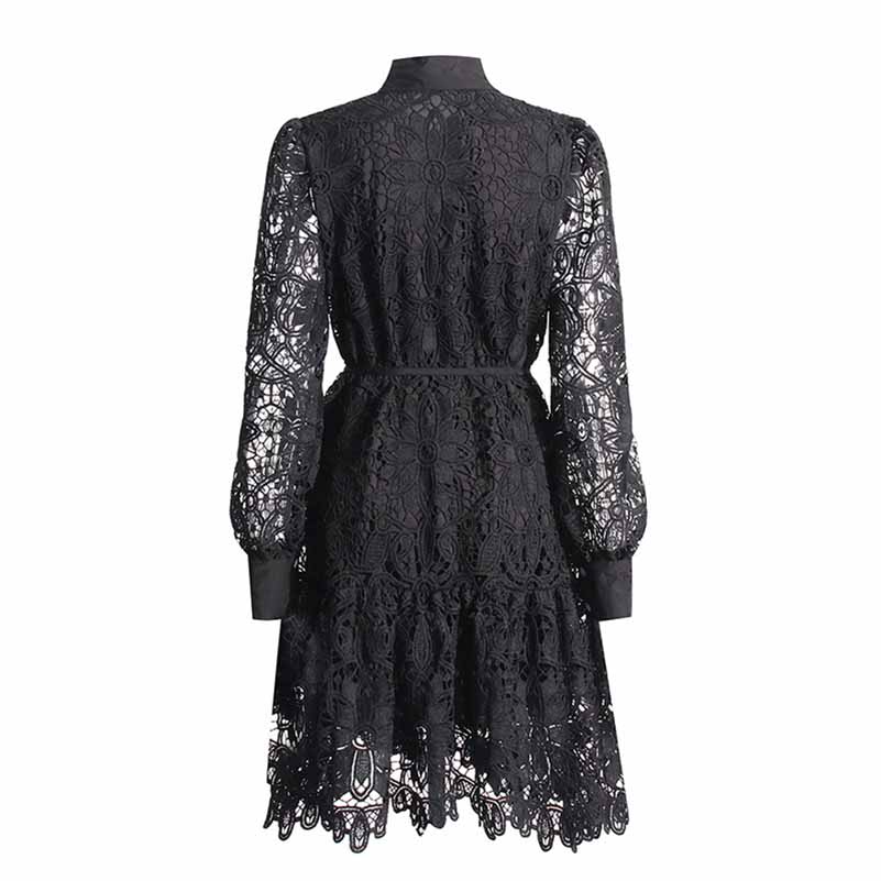 Long Sleeve Hollow Out Lace Knee Length Dress Lace Up Callared Dress