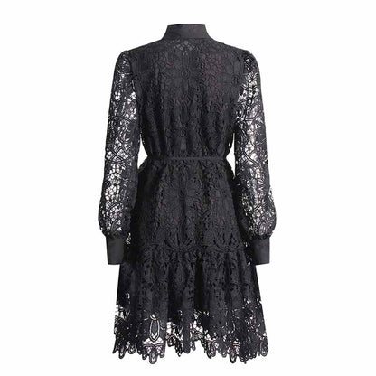 Long Sleeve Hollow Out Lace Knee Length Dress Lace Up Collared Dress