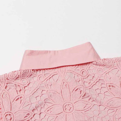 Long Sleeve Hollow Out Lace Knee Length Dress Lace Up Collared Dress