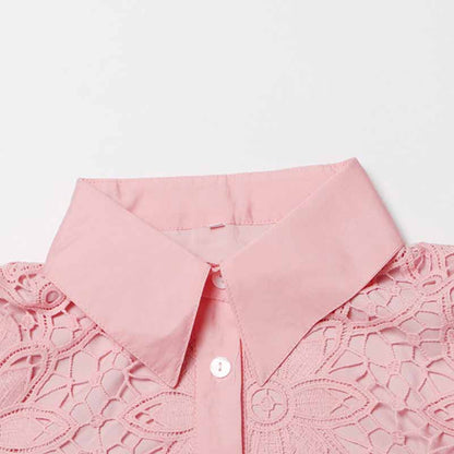 Long Sleeve Hollow Out Lace Knee Length Dress Lace Up Collared Dress