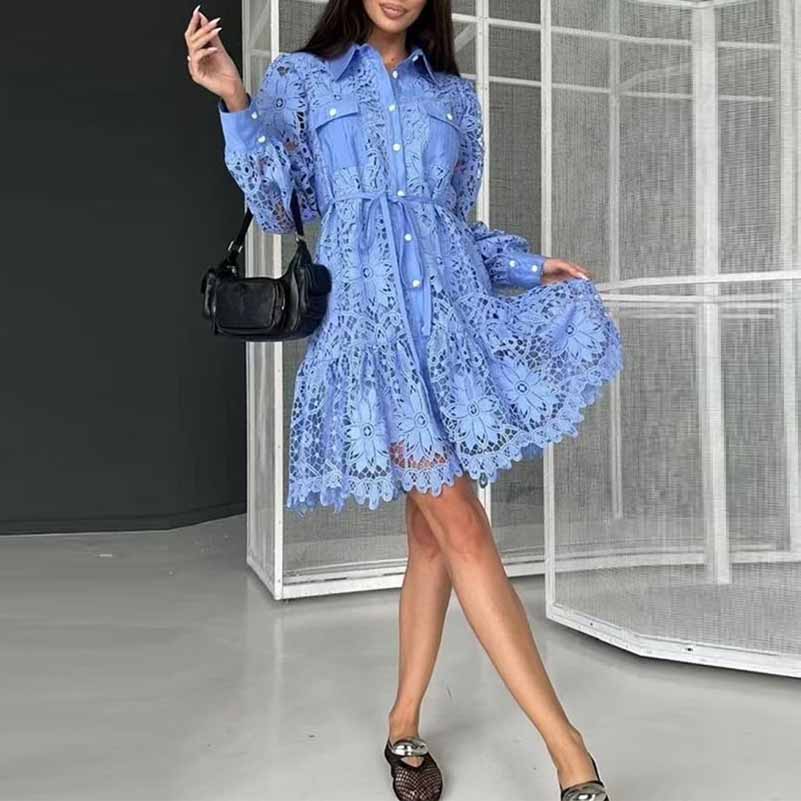 Long Sleeve Hollow Out Lace Knee Length Dress Lace Up Callared Dress