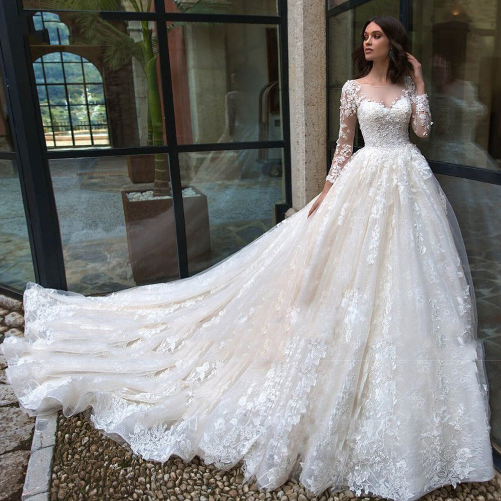 Long Sleeve Lace Ball Gown Wedding Dress – Tulle Skirt & V-Neck