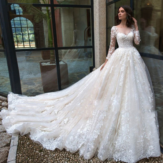 Long Sleeve Lace Ball Gown Wedding Dress – Tulle Skirt & V-Neck