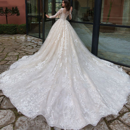 Long Sleeve Lace Ball Gown Wedding Dress – Tulle Skirt & V-Neck