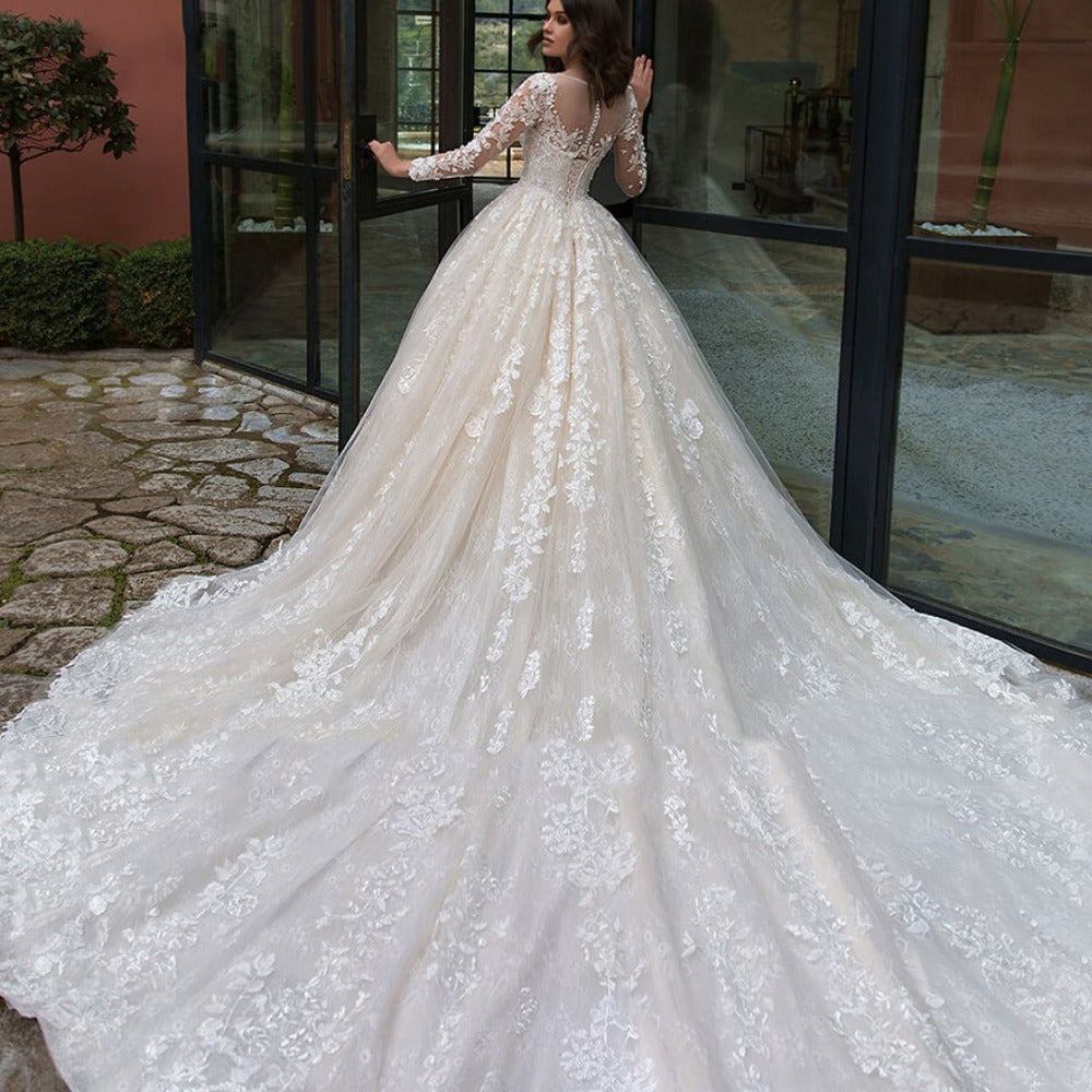 Long Sleeve Lace Ball Gown Wedding Dress – Tulle Skirt & V-Neck