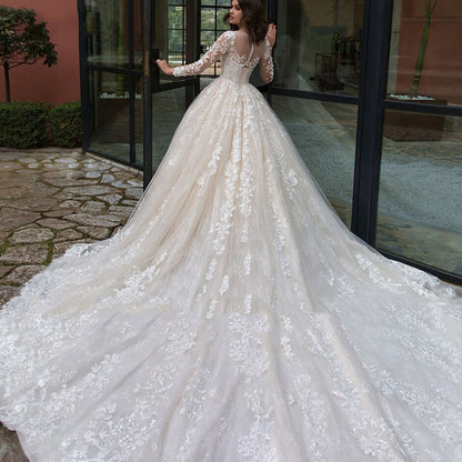 Long Sleeve Lace Ball Gown Wedding Dress – Tulle Skirt & V-Neck