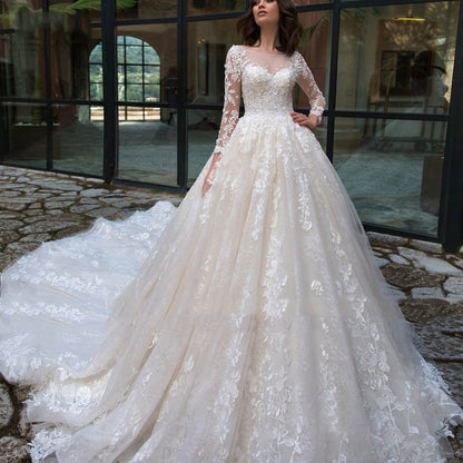 Long Sleeve Lace Ball Gown Wedding Dress – Tulle Skirt & V-Neck