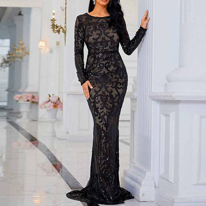 Long Sleeve Mermaid Sequin Prom Dress Round Neck Ball Gowns