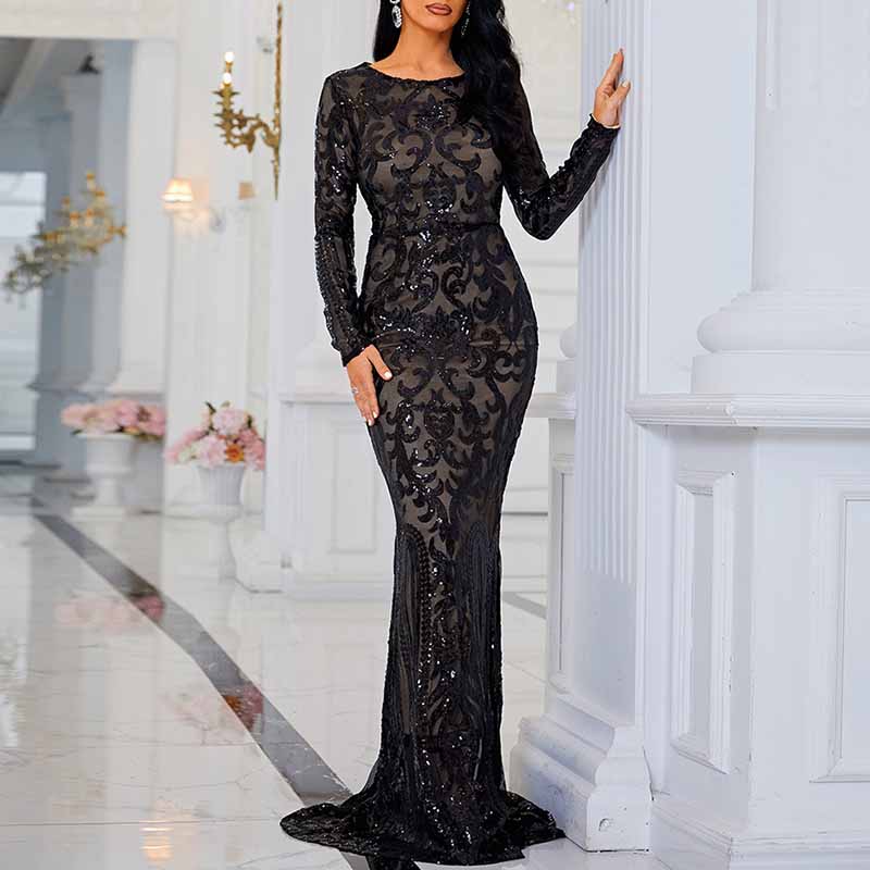 Long Sleeve Mermaid Sequin Prom Dress Round Neck Ball Gowns