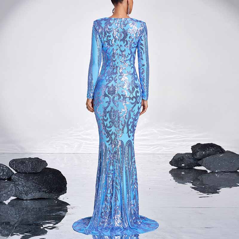 Long Sleeve Mermaid Sequin Prom Dress Round Neck Ball Gowns