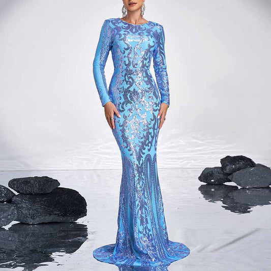 Long Sleeve Mermaid Sequin Prom Dress Round Neck Ball Gowns