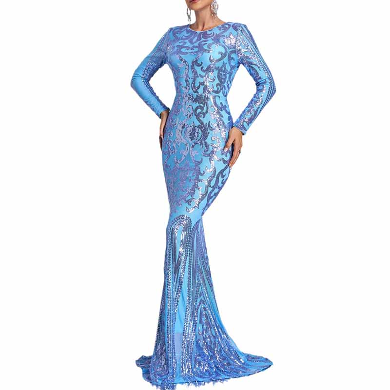 Long Sleeve Mermaid Sequin Prom Dress Round Neck Ball Gowns