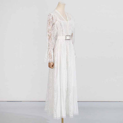 Long Sleeve Midi Dress V Neck Belted Lace Pleated Dress