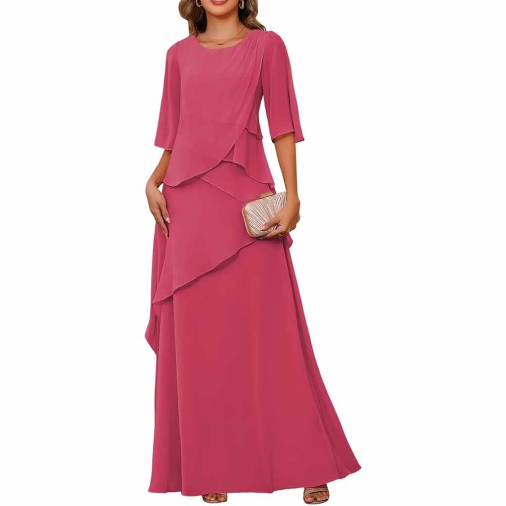 Long Sleeve Mother of The Bride Dresses Chiffon Ruffles Formal Evening Gowns With Sleeves