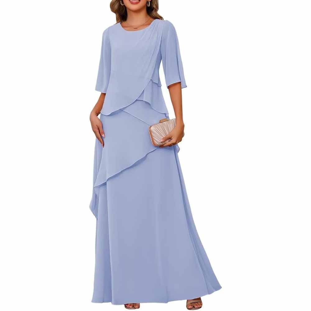 Long Sleeve Mother of The Bride Dresses Chiffon Ruffles Formal Evening Gowns With Sleeves