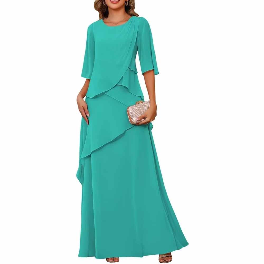 Long Sleeve Mother of The Bride Dresses Chiffon Ruffles Formal Evening Gowns With Sleeves