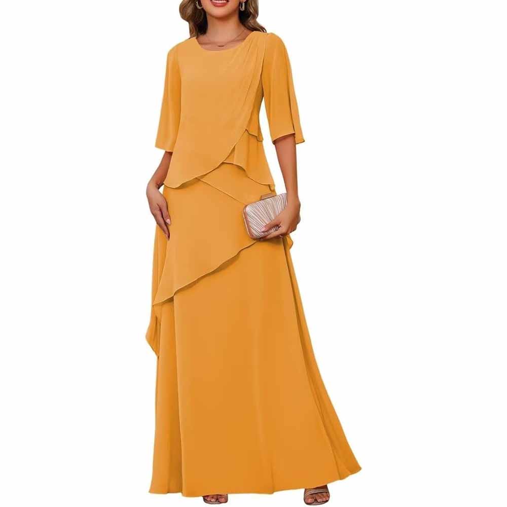 Long Sleeve Mother of The Bride Dresses Chiffon Ruffles Formal Evening Gowns With Sleeves