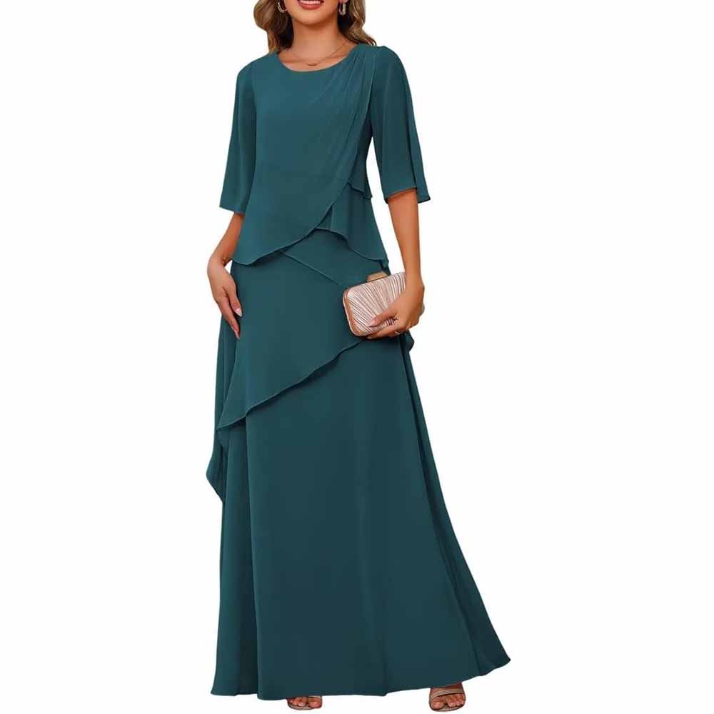 Long Sleeve Mother of The Bride Dresses Chiffon Ruffles Formal Evening Gowns With Sleeves